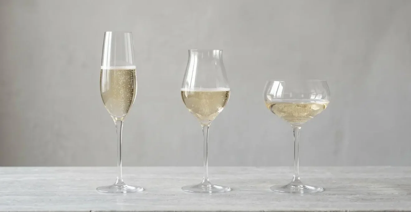 Comparaison de trois verres à champagne alignés en profil (flûte élancée, tulipe évasée, verre ouvert) remplis de champagne avec bulles visibles