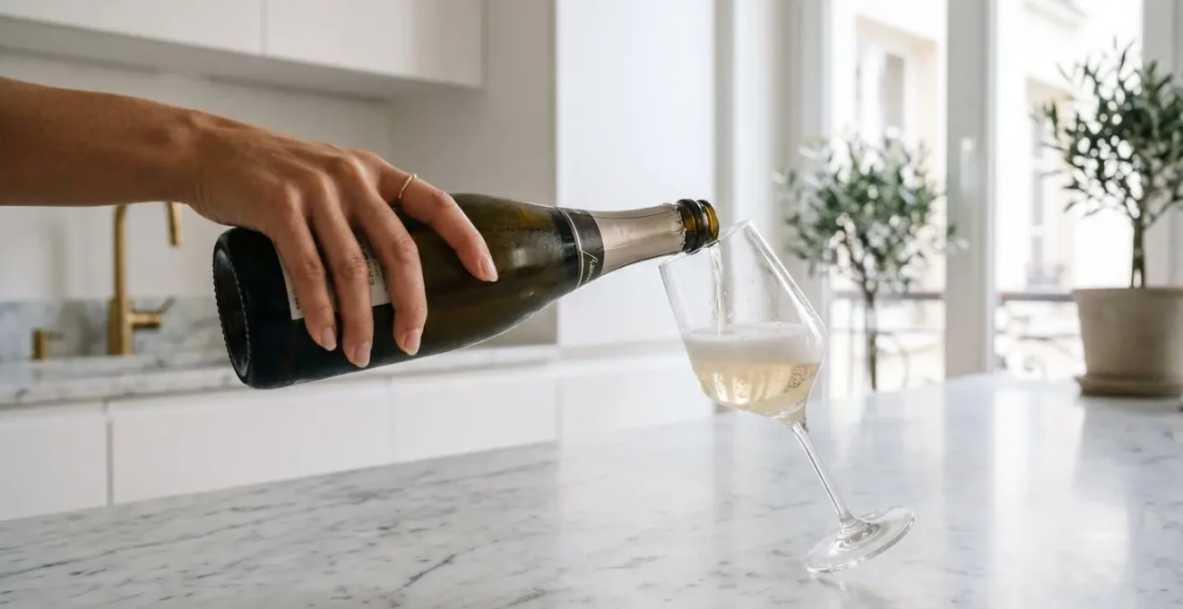 Main versant du champagne dans un verre tulipe incliné à 45 degrés sur un comptoir en pierre claire, mousse se formant délicatement