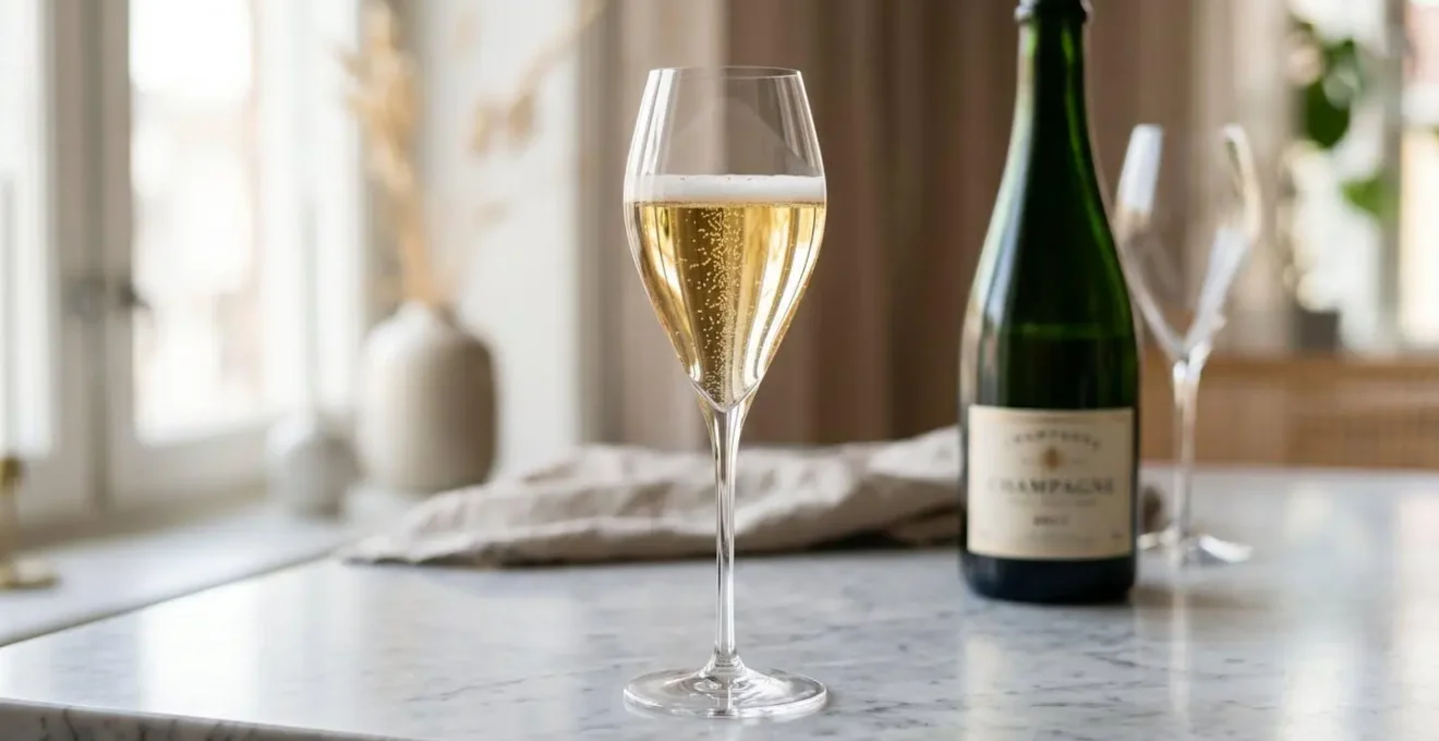 Verre tulipe en cristallin rempli de champagne avec remontée continue de bulles fines, posé sur surface en marbre clair avec bouteille en arrière-plan