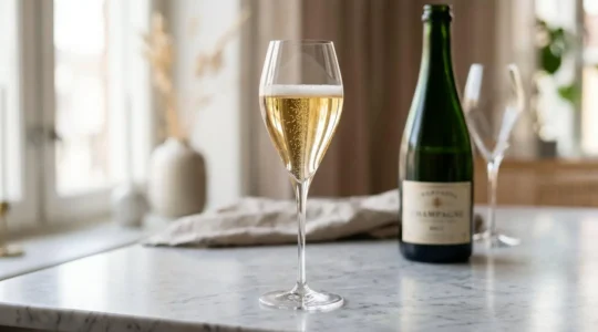 Verre tulipe en cristallin rempli de champagne avec remontée continue de bulles fines, posé sur surface en marbre clair avec bouteille en arrière-plan