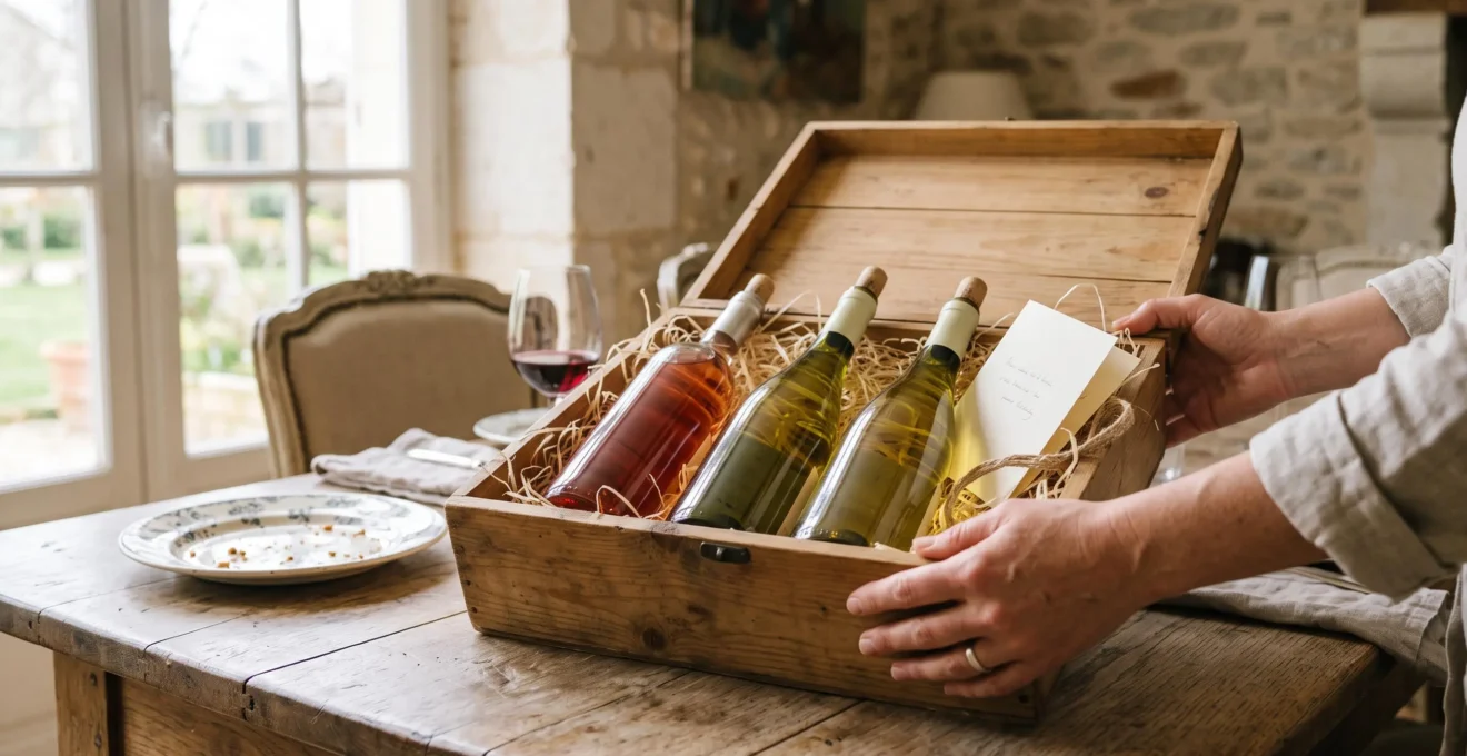Une box de vins ouverte avec des bouteilles de blancs et rosés sur une table en bois.