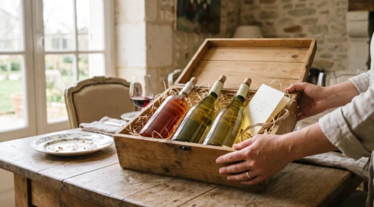 Une box de vins ouverte avec des bouteilles de blancs et rosés sur une table en bois.