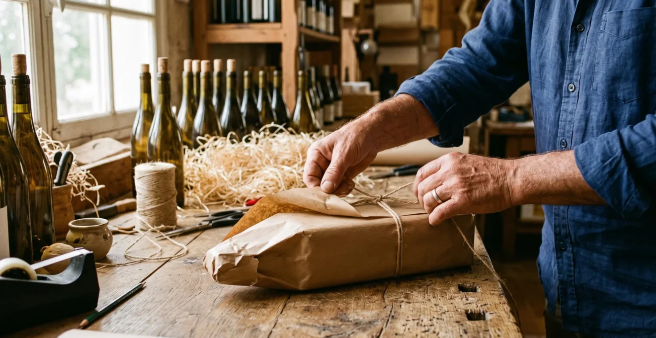 Des mains emballent une box de vin avec du papier kraft dans un atelier.