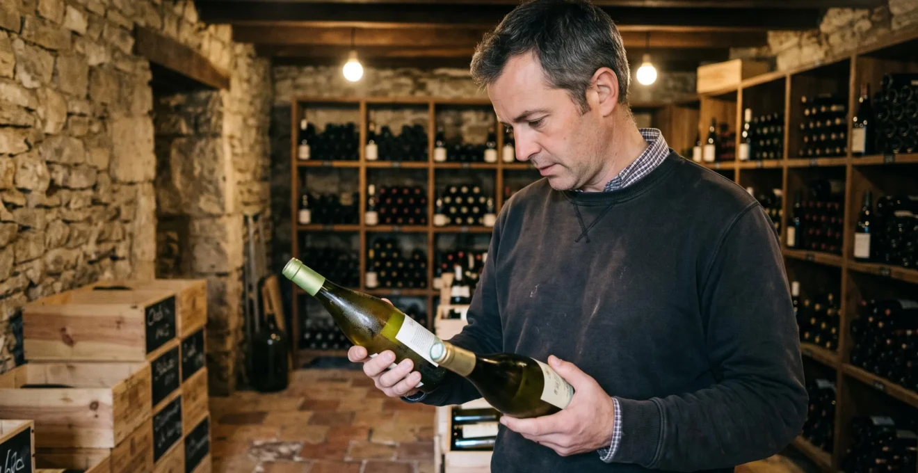 Un homme compare deux bouteilles de vin blanc dans une cave à vins.